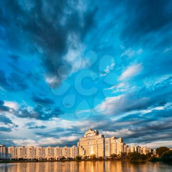 White Building In Old Part Minsk, Downtown Nyamiha, Nemiga View With Svisloch River, Belarus