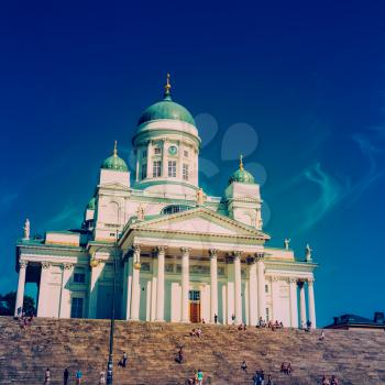 Helsinki Cathedral, Helsinki, Finland In Summer Sunny Day. Toned Instant Photo