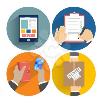Set of hands clients purchasing. Order of the goods online, payment and delivery. Business concept