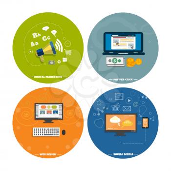 Icons for web design, seo, social media and pay per click internet advertising in flat design
