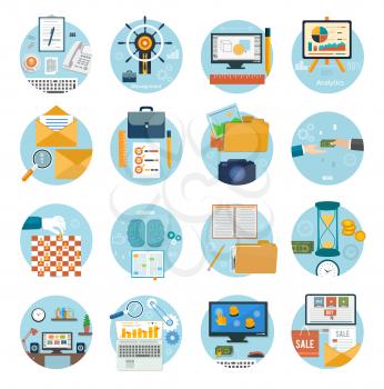 Web design objects, strategy, business, office and marketing items icons.
