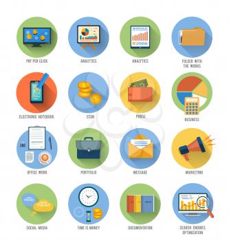 Set for web and mobile applications of office work, social media, seo search optimization, pay per click, analysis of documents, purse, time is money, marketing concepts items icons in flat design
