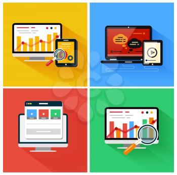 Seo optimization, programming process and web analytics elements. Set for web and mobile applications in modern flat design