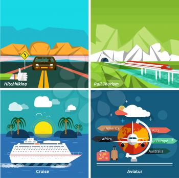 Icons set of traveling, planning a summer vacation, tourism and journey objects and passenger luggage in flat design. Different types of travel such as hitchhiking, cruise, aviatur and rail tourism. B
