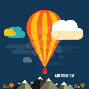 Hot air balloon flying over the mountain. Icons of traveling, planning a summer vacation, tourism and journey objects