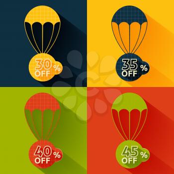 Set of parachutes with discount on multicolor background