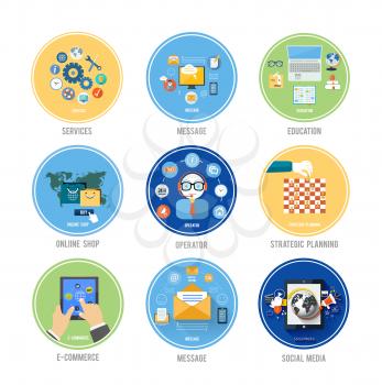 Set for web and mobile applications of office work, social media, support, services, message, education, online shop, e-comerce and stratesic planning of marketing concepts items icons in flat design