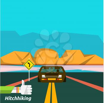 Hitchhiking tourism. Icons of traveling, planning a summer vacation, tourism and journey objects and passenger luggage in flat design. Business travel concept