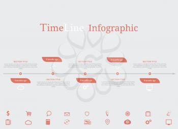 Timeline infographic with diagram and text months ago and set of line icons in retro style
