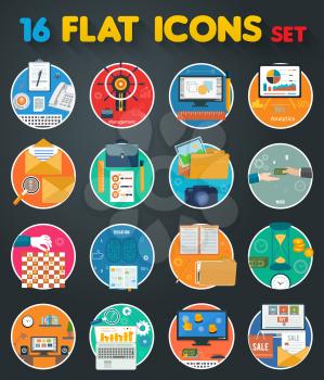 Web design objects, strategy, business, office and marketing items icons. Set of 16 business item icons in flat design style