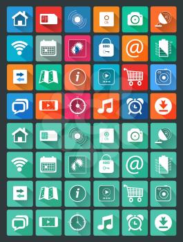 Icons for web and mobile applications in flat design style. Calendar camera video map trolley music mail and other item icons