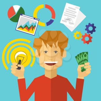 Smiling man holding a glowing lightbulb and dollars in hands and over charts paper documents and gears flat design