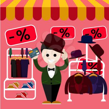 Happy young man chooses a perfect clothes and a hat in the store on sale and holding a card flat design style