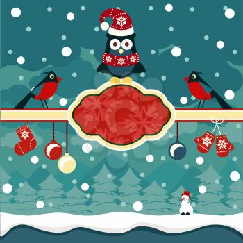 Christmas horizontal banners background with owl on place for text and snowman in winter forest cartoon design style