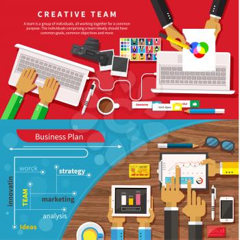 Team of designers working together on a computer. Creative team. Business plan with creative businessman showing positive growth in flat design style