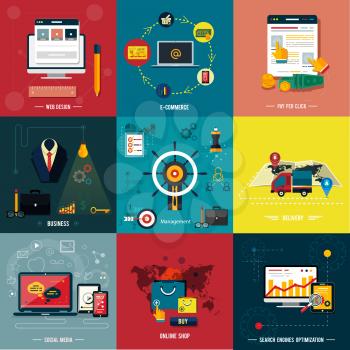Icons for web design, seo, social media and pay per click internet advertising, e-commerce, business, management, delivery, online shop in flat design
