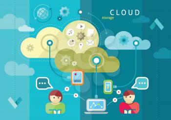 Cloud computing internet concept with a lot of icons tablet smartphone computer desktop monitor user downloads flat design cartoon style