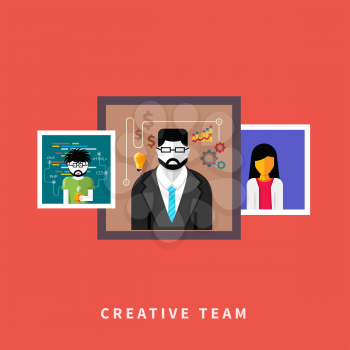 Flat design of creative people web occupations. Portrets avatars in frame on red background