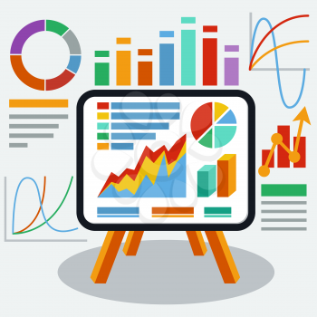 Stand with charts graphs and parameters. Business concept of analytics