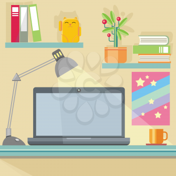 Flat design concept of workspace with notebook, lamp, books, folders, plant and furniture