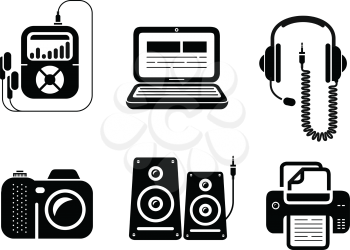 Icons set in black for multimedia and office devices with loudspeaker, player, headset, laptop, camera and printer. Isolated on white background