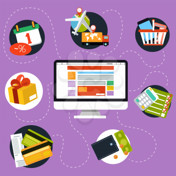 Internet shopping process of purchasing and delivery. Business online sale icons. Icons of buying product via online shop and e-commerce and shopping elements in flat design