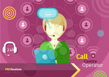 Professions concept with blond female call centre operator with headset and laptop