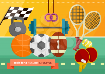 Concept of healthy lifestyle and sport with sport equipment for track and field, tennis, football and volleyball