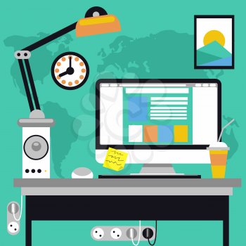Flat design concept of workspace with computer and computer devices, lamp, loudspeaker and world map on background