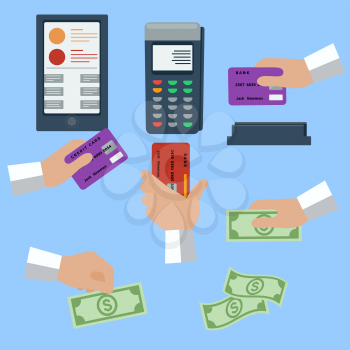 Icon set with hands holding cash and credit cards on blue background