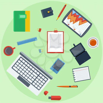 Top view of business people workplace with laptop, digital tablet, smartphone and different office elements on green background