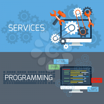 Flat design concept of programming and services with computer monitors and keyboard