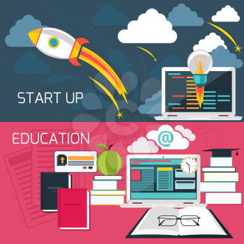 Flat design concept for business start up and online education with laptop connected to internet