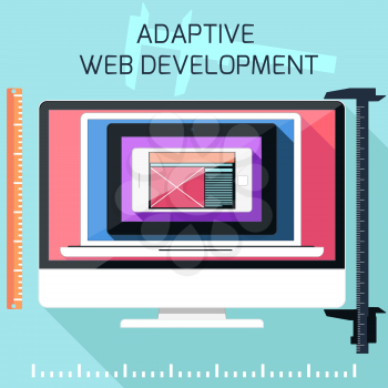 Icons for adaptive web development in flat design. Different screen size device monitors with ruller
