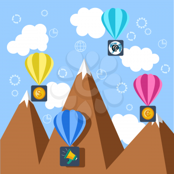Hot air balloon with money and e-mail signs flying over the mountain