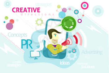Advertising concept with words PR creative strategies ideas solution. Man looks out of smartphone is holding megaphone from which sounds advertising in cartoon design style
