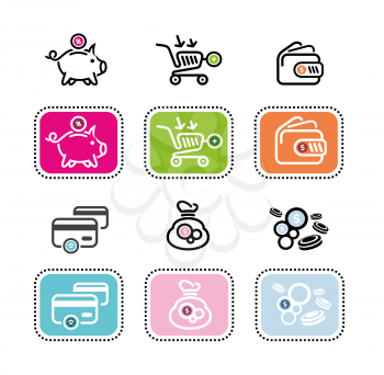 Money icons on white background. Different item icons such as dollar, card, purse, coin box pig, bank
