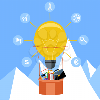 Hot air balloon made of lightbulb with business icons