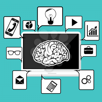 Laptop with symbol of brain surrounded speech bubble with office and business pictograms on blue background