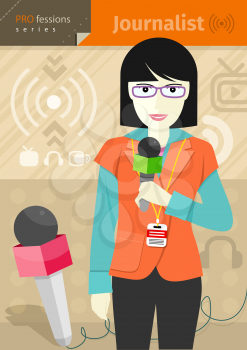 Profession series with young woman journalist in glasses with badge holding microphone