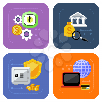 Icon set of banking, deposit interest, online payment, protection of deposit and finance investment on multicolored background in flat design