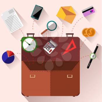 Concept of open brown briefcase with office supply, smartphone, calculator, watch, credit card, coins on pink background in flat design