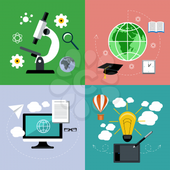 Icons set in flat design for science research, online education, creative thinking and distance learning
