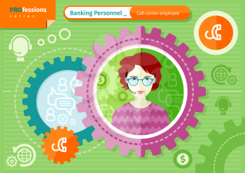 Profession series concept for banking personnel with beautiful woman call-center employee in glasses and headset in circle frame on green with communication pictograms background