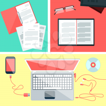 Flat design set of icons of online education and studying objects. Laptop with smartphone and papers on table top view concept