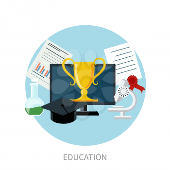 Concept for online education, e learning, and distance professional training with pointers on globe and education icons in flat design