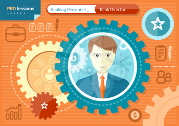 Profession series concept for banking personnel with elegant male bank director in suit and necktie in circle frame on orange with business pictograms