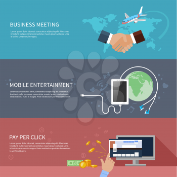 Flat design concept for business meeting, smartphone services, mobile entertainment and pay per click banners