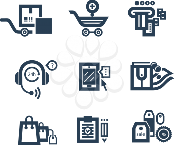 Collection of shopping icons such as tag, sticker, basket, bag, trolley, support in black color isolated on white background
