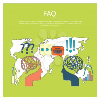FAQ information sign icon. Help speech bubble symbol. Head with babble on background with map